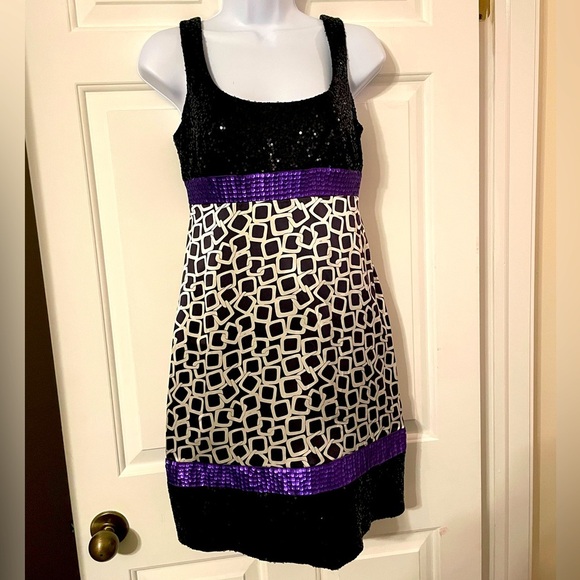 Kathryn Conover Cocktail Dress SZ 2 Black White Purple Sequin Satin Fit & Flare - Picture 1 of 7